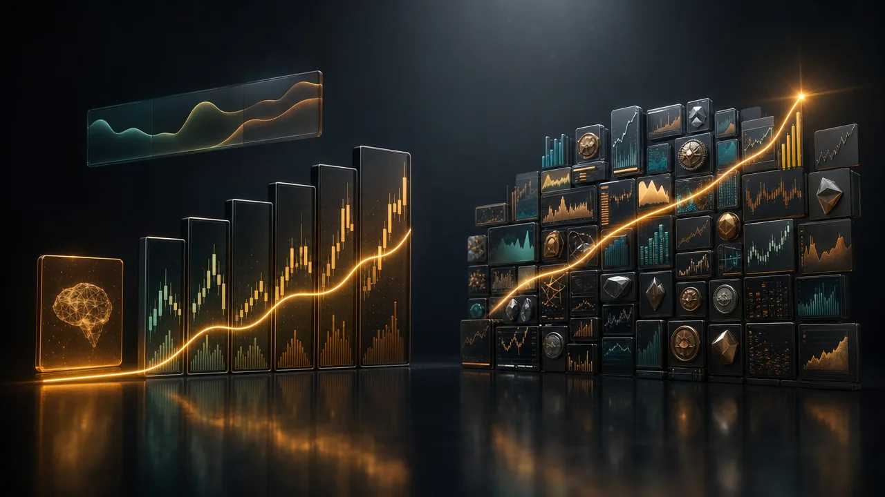 Side-by-side comparison of two swing trading screener dashboards on dark fintech backgrounds — one showing a deep menu of 100+ preset screens with named-trader badges, the other showing seven graded setup cards with a market regime banner and AI coaching panel