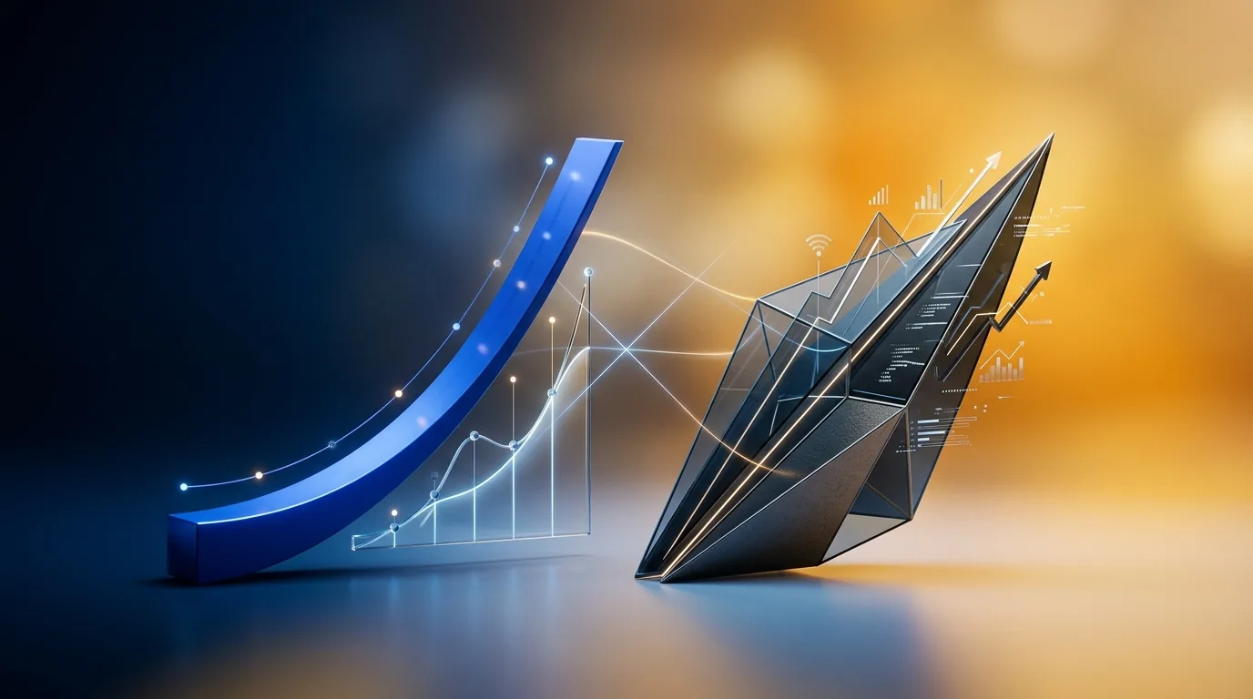 Side-by-side comparison of a code-based RealCode scan builder interface versus EasySwing strategy cards with A–D quality grades on dark fintech dashboards