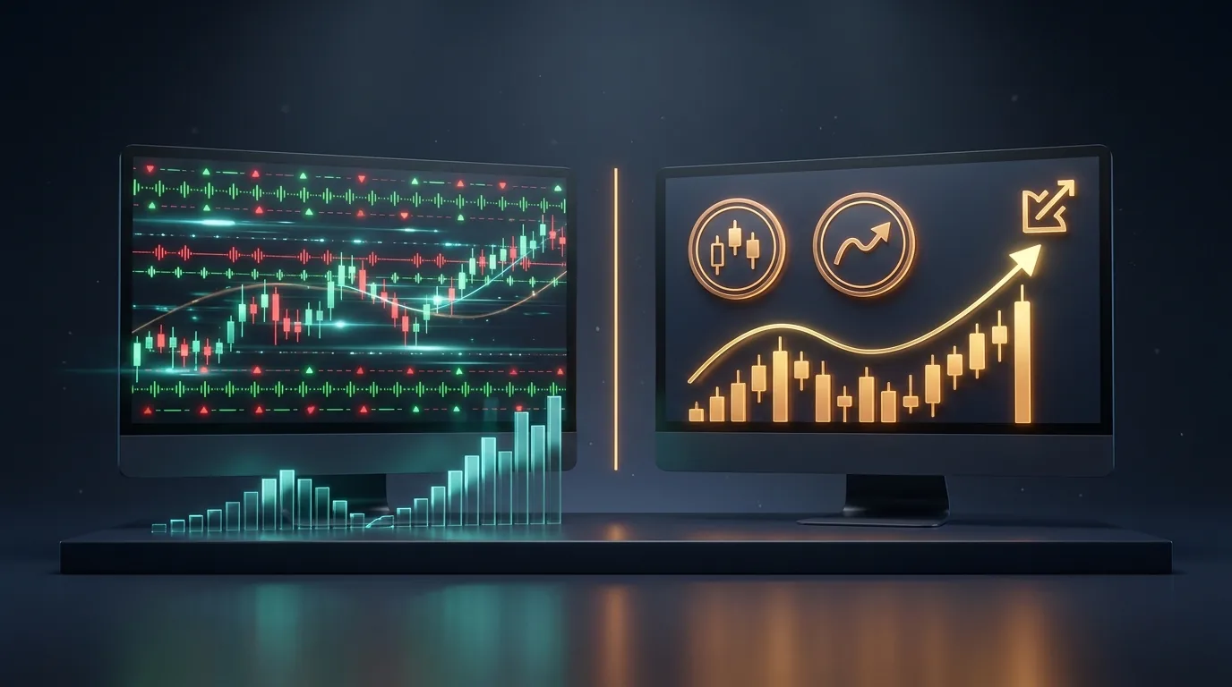 Split-screen comparison of a real-time streaming intraday scanner with continuous alerts versus an end-of-day swing setup list with regime filter and strategy grade badges on dark fintech dashboards