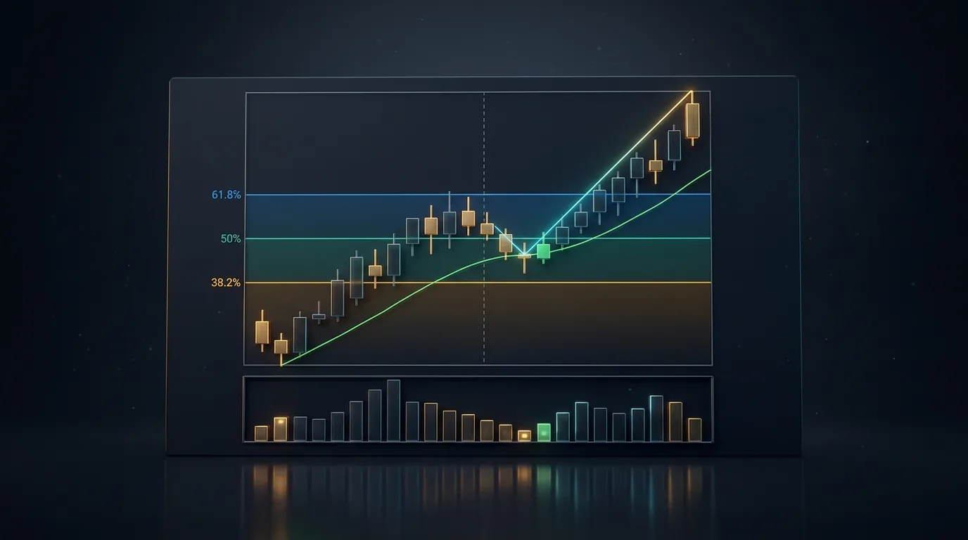 Dark fintech stock chart showing a Stage 2 uptrend with three horizontal Fibonacci retracement lines drawn between a swing low and swing high — 38.2% in amber, 50% in teal, and 61.8% in blue — with the EMA20 converging on the 50% level, illustrating the moving-average confluence entry zone