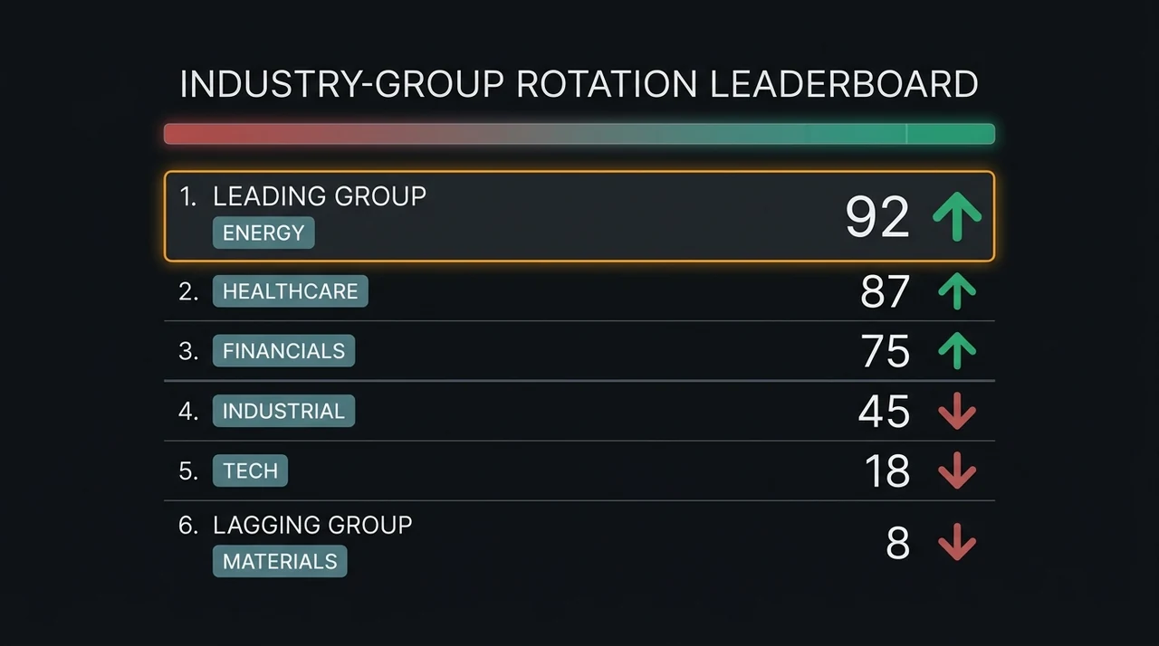 Industry group rotation dashboard showing leading technology and healthcare sectors with rising trend arrows and RS rank percentile scores on a dark fintech interface