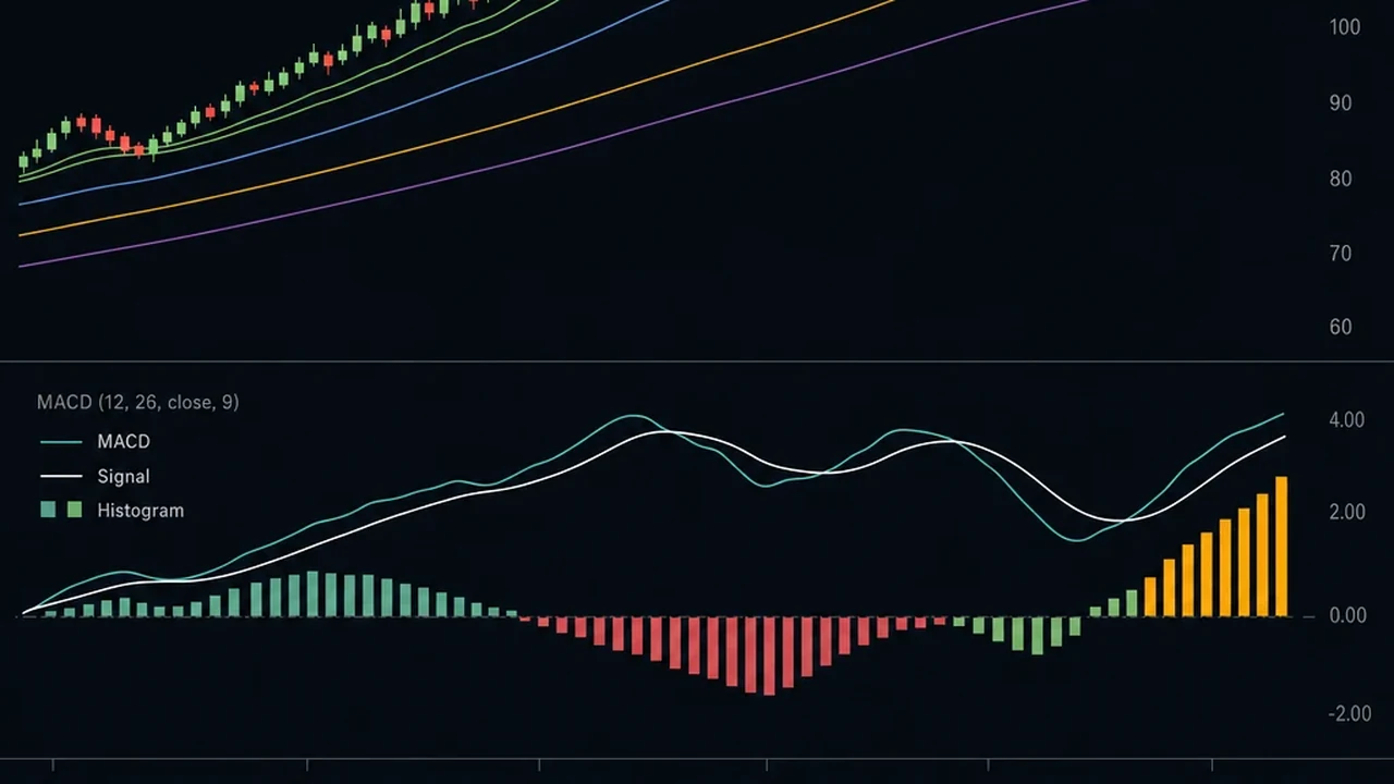 Dark fintech trading chart showing MACD indicator with three components — MACD line, signal line, and histogram bars — displaying histogram momentum re-acceleration after a pullback with Stage 2 moving average stack visible above