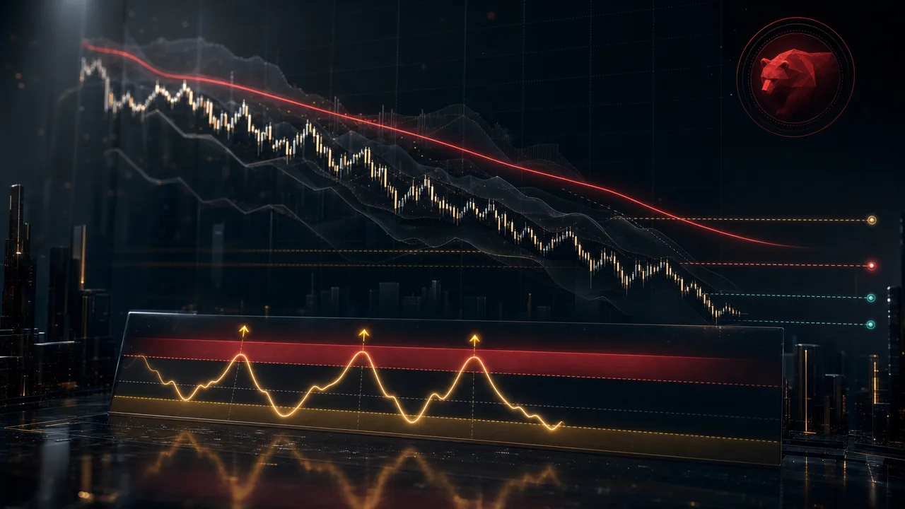 Dark fintech trading chart showing RSI(5) above 70 on three consecutive rising days in a stock below its 200-day moving average, with entry, stop, and target levels marked