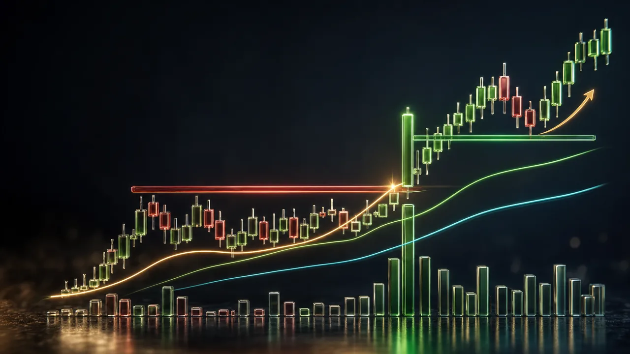 Dark fintech stock chart showing a Stage 2 uptrend with horizontal support and resistance zones marked — a base resistance ceiling that converts to support after a volume breakout, with the EMA20 and SMA50 acting as dynamic support floors below price