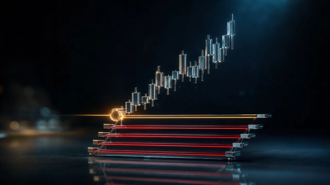 Dark fintech trading chart showing four stop loss placement methods — structural, ATR-based, moving average, and fixed percentage — annotated on a stock chart with entry zone, stop level, and profit target markers