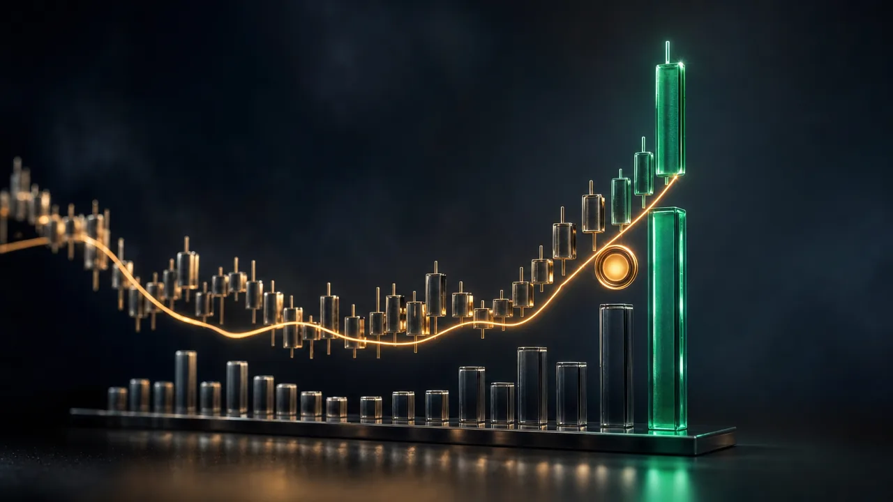 Dark fintech trading dashboard showing a breakout bar with a tall green volume histogram spike at 2× average — annotated RVOL reading — contrasted against low-volume consolidation bars in the prior base pattern